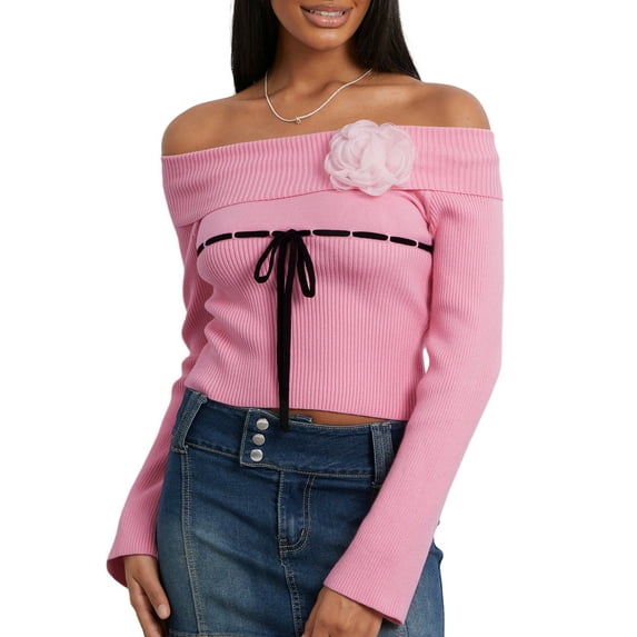 Women Knit Tops, Long Sleeve Off-shoulder Tops Flower Tie-up Fall Slim Fit T-shirt