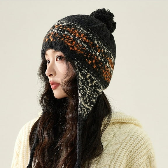 Women Knit Trapper Hat with Ear Flaps Winter Warm Jacquard Beanie Ethnic Style