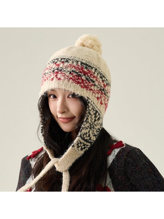 Women Knit Trapper Hat with Ear Flaps Winter Warm Jacquard Beanie Ethnic Style