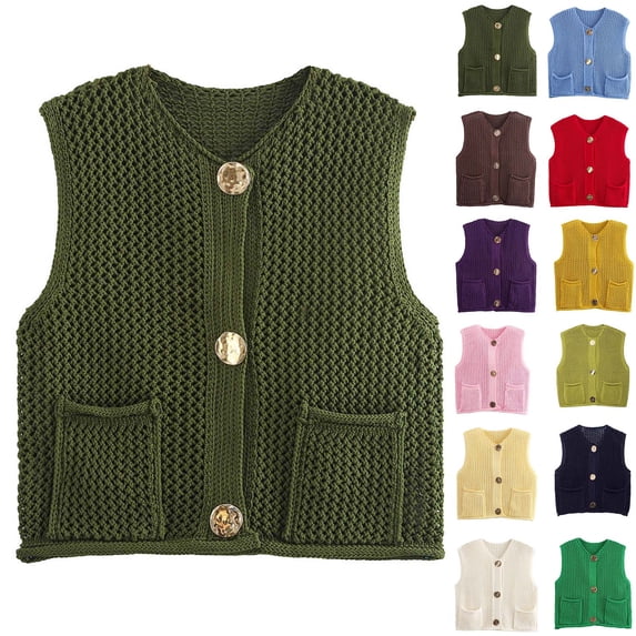 Women Knit Vest V‑neck Button Front Sleeveless Cropped Cardigan Hollow Knit Waistcoat Casual Fall Winter Layering Tops with Patch Pockets Green S