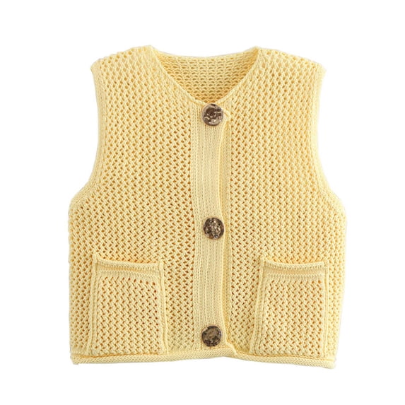 Women Knit Vest V‑neck Button Front Sleeveless Cropped Cardigan Hollow Knit Waistcoat Casual Fall Winter Layering Tops with Patch Pockets Yellow L