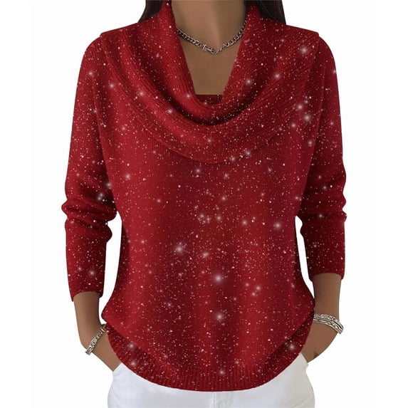 Women Knit Winter Clothes Casual Loose Sweaters Fall Fashion Cowl Neck Long Sleeve Trendy Pullover Red Sequins XL