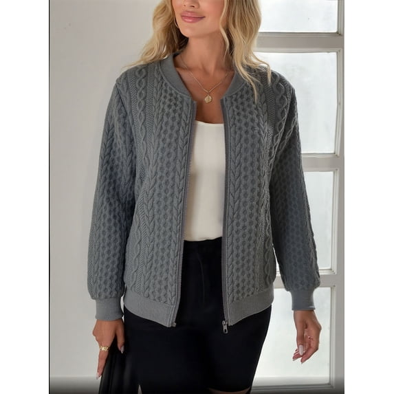 Women Knit Zip Up Bomber Jacket Long Sleeve Baseball Collar Textured Casual Knit Cardigan Outerwear for Fall Winter