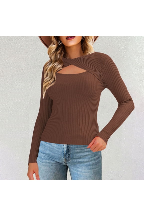 Women Knitted Basic Tops Hollow Out Front Crisscross Round Neck Bottom Shirt Long Sleeve Ribbed Stretchy Casual Tees Coffee L