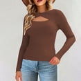 thumbnail image 1 of Women Knitted Basic Tops Hollow Out Front Crisscross Round Neck Bottom Shirt Long Sleeve Ribbed Stretchy Casual Tees Coffee S, 1 of 6