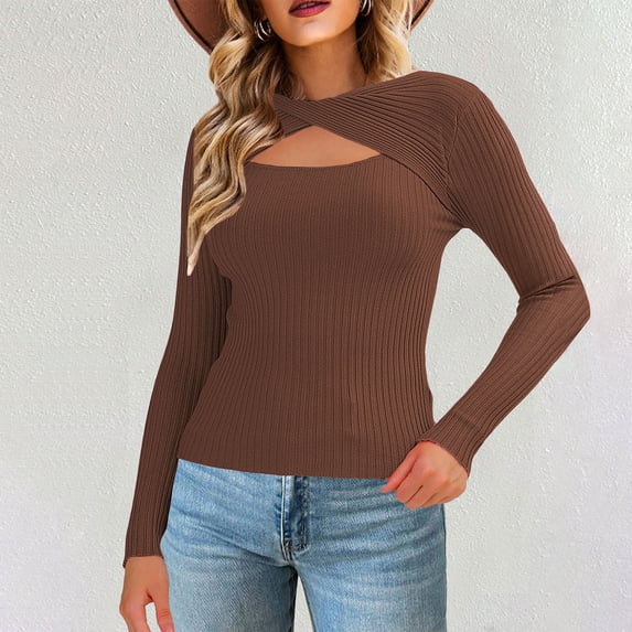 Women Knitted Basic Tops Hollow Out Front Crisscross Round Neck Bottom Shirt Long Sleeve Ribbed Stretchy Casual Tees Coffee S