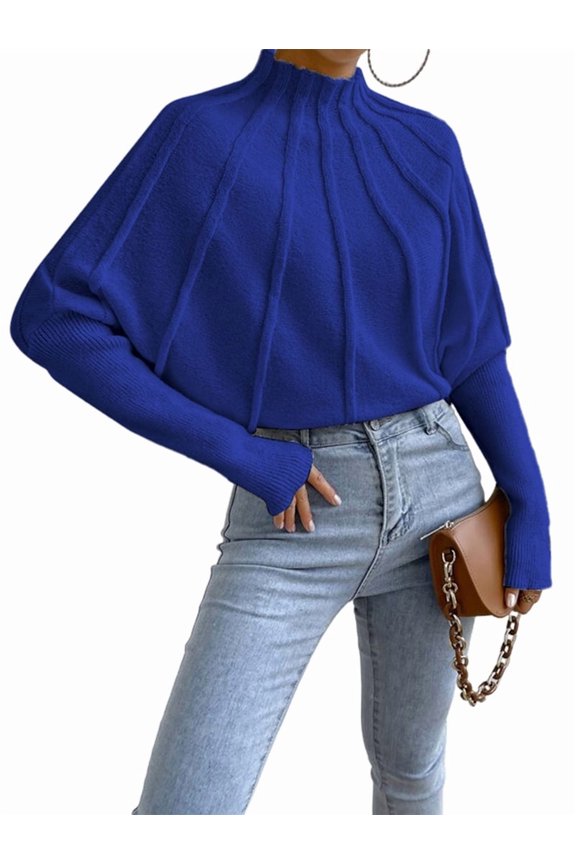 Women Knitted Bat Sleeve Solid Long Sleeve Mock Neck Sweaters Blue S