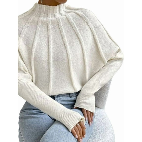 Women Knitted Bat Sleeve Solid Long Sleeve Mock Neck Sweaters Cream White L