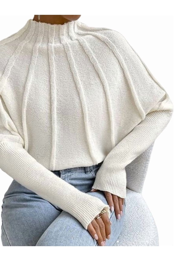 Women Knitted Bat Sleeve Solid Long Sleeve Mock Neck Sweaters Cream White S