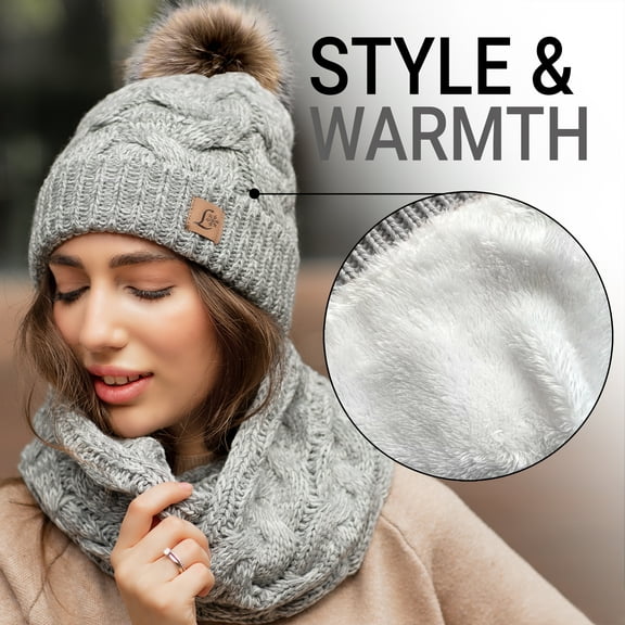 Women Knitted Beanie Hat Scarf Set Thick Warm Female Outdoor Riding Ski Set Gray White Mix