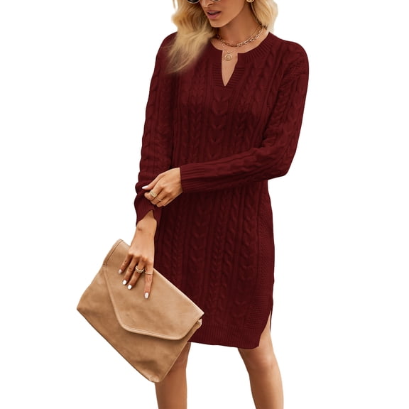 Women Knitted Cable Sweater Dress Casual Warm Long Sleeve Split Mini Party Dress for Fall Beach Club Streetwear