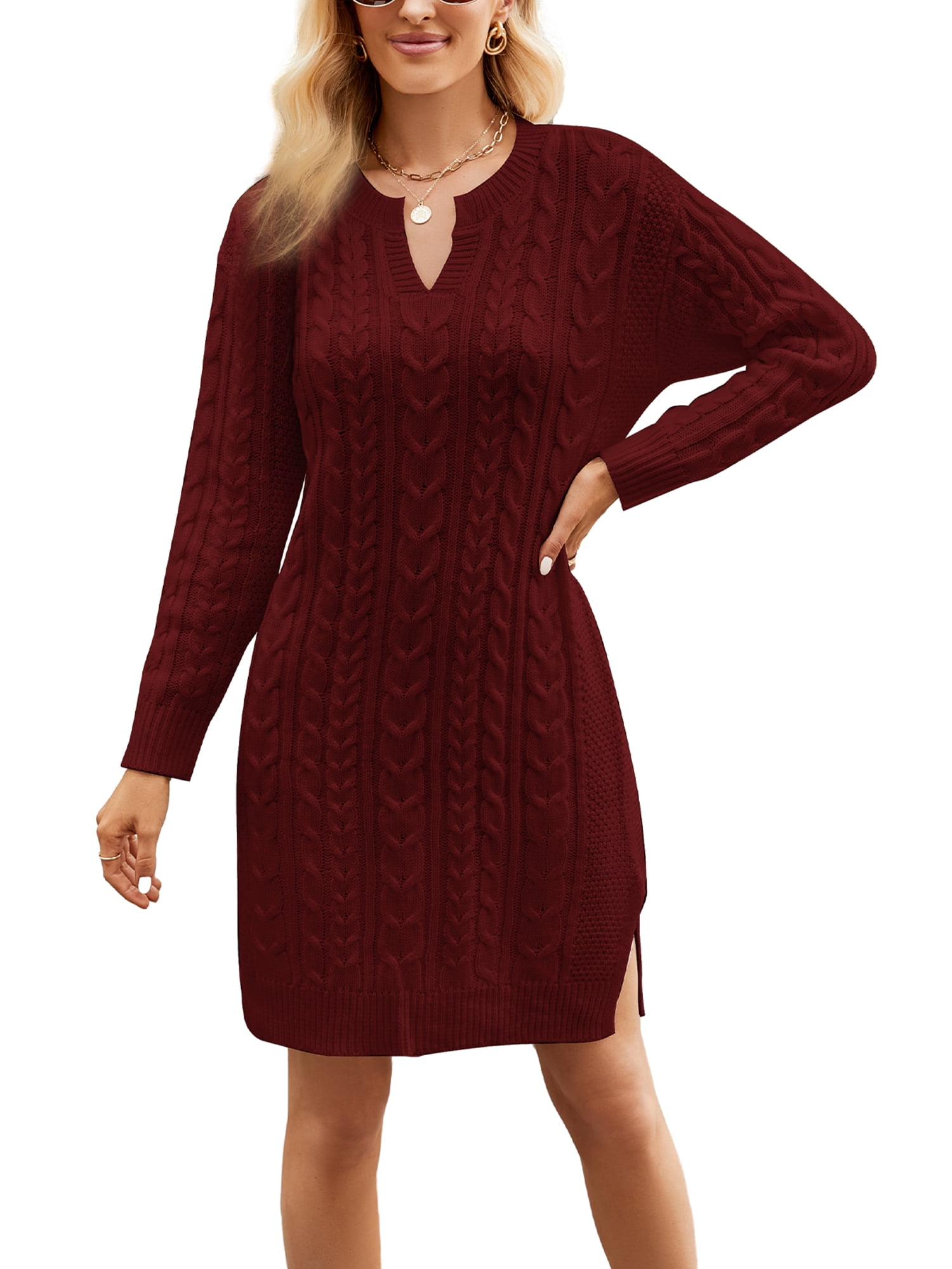Women Knitted Cable Sweater Dress Casual Warm Long Sleeve Split Mini