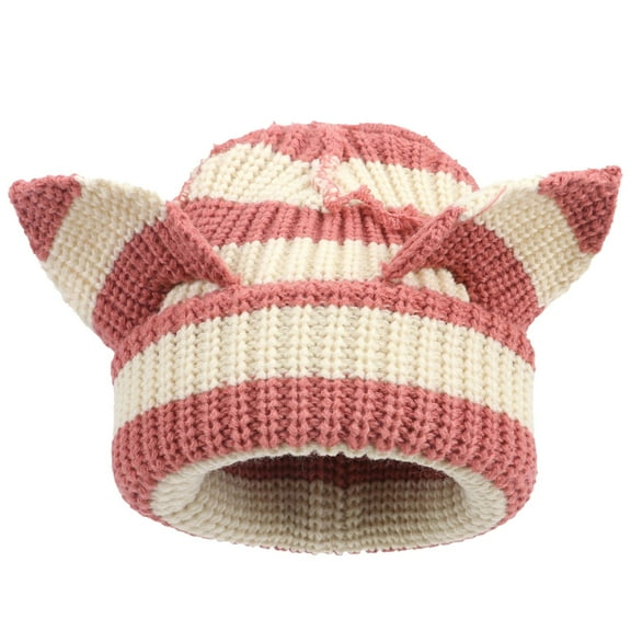 Women Knitted Cat Beanie Striped Fashion Cute Beanie Hat with Little Devil Horn Winter Warm Cap Girls Beanies (One Size, Pink)