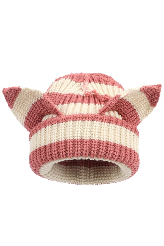 Women Knitted Cat Beanie Striped Fashion Cute Beanie Hat with Little Devil Horn Winter Warm Cap Girls Beanies (One Size, Pink)