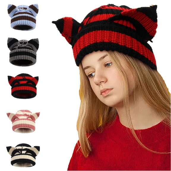 Women Knitted Cat Beanie Striped Fashion Cute Beanie Hat with Little Devil Horn Winter Warm Cap Girls Beanies (One Size, Red)