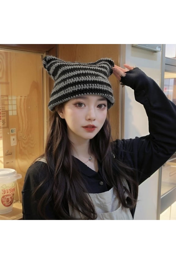 Women Knitted Cat Beanie Striped Hat,Crochet Cat Ears Hat, Winter Cat Ear Beanie Accessories Beanie