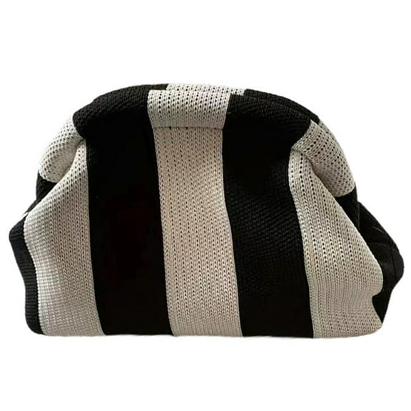 Women Knitted Clutch Purse Small Stripe Purse Woven Bag for Female (Black Beige)