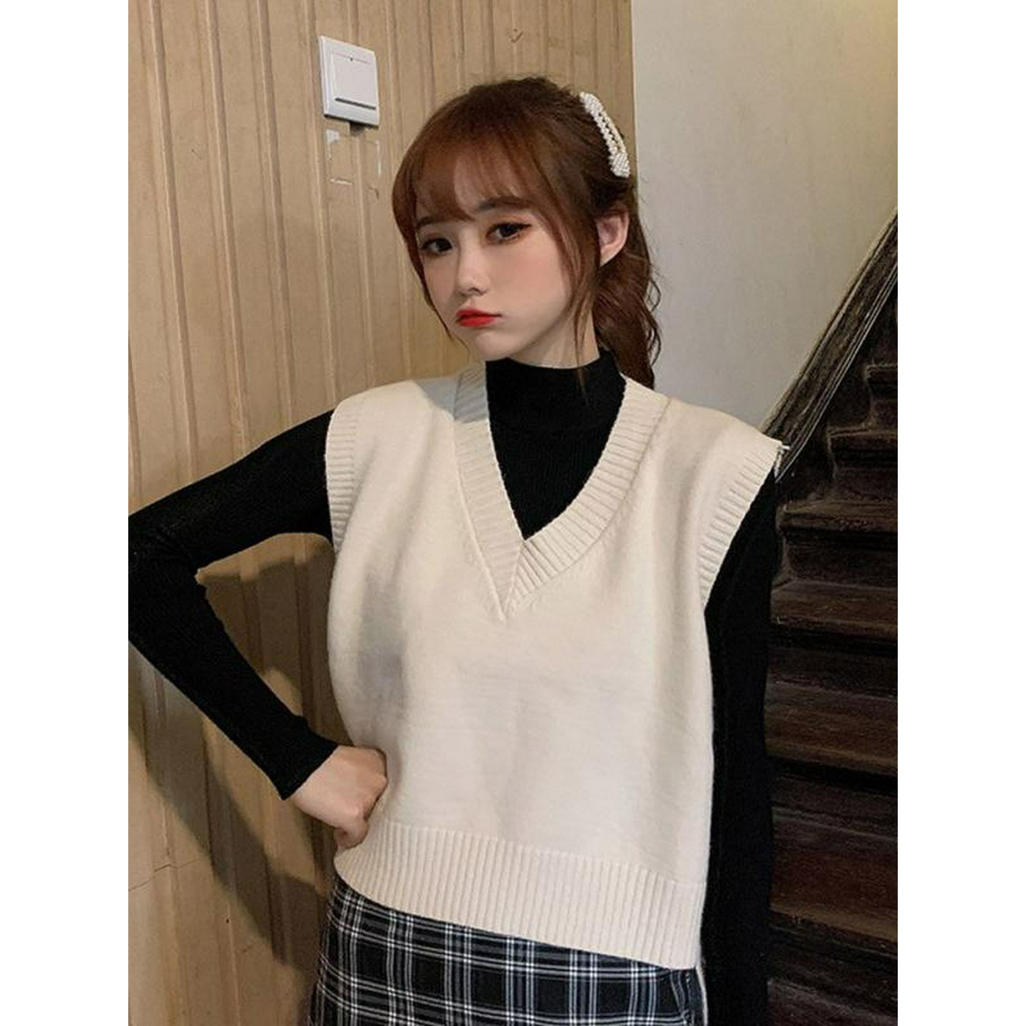 Women Knitted Cotton Crop Sweater Vest V-Neck Sleeveless Solid Pullover  Tank Top School Cardigan