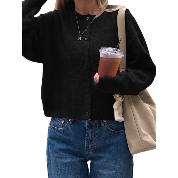 Women Knitted Crop Cardigan Shirt Short Sleeve Button Down Ribbed Knit Crop Top Y2k Outwear Top Tee Shirt Black S