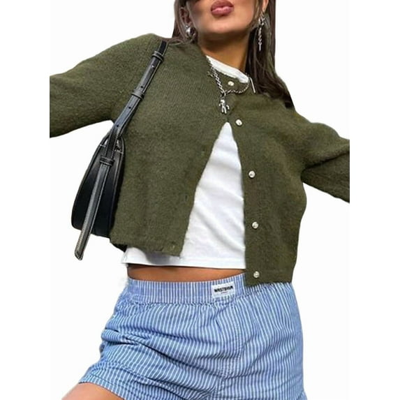 Women Knitted Crop Cardigan Shirt Short Sleeve Button Down Ribbed Knit Crop Top Y2k Outwear Top Tee Shirt Green XL