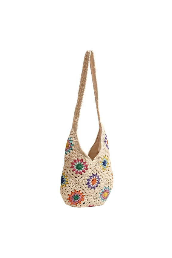 Women Knitted Crossbody Bag Beach Bag Fashionable Shoulder Bag Crochet Vacation Bag Colorful Flowers Handbag Purse