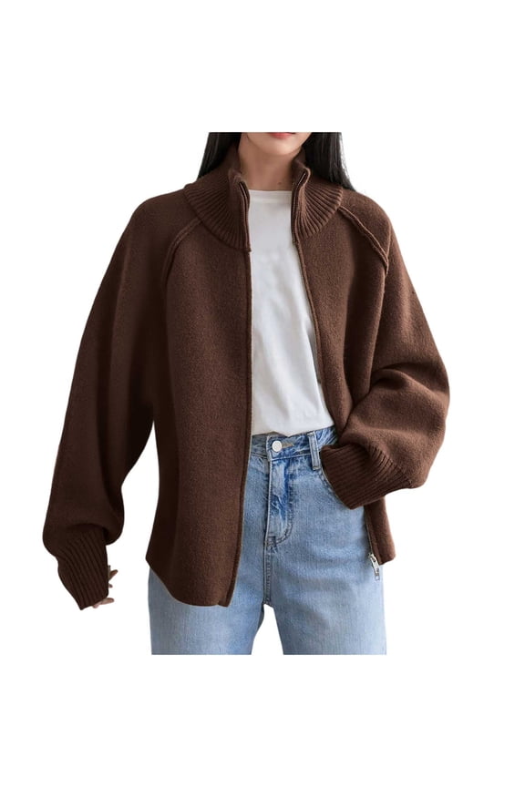 Women Knitted Front Zip Up Sweater Ribbed Patchwork Collared Trendy Fall Winter Fleece Cardigan Loose Y2k Outwear
