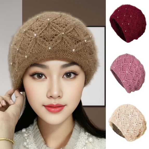 Women Knitted Hat Faux Pearl Decor,Ear Protection Handmade Stretch Outdoor Girls Hat