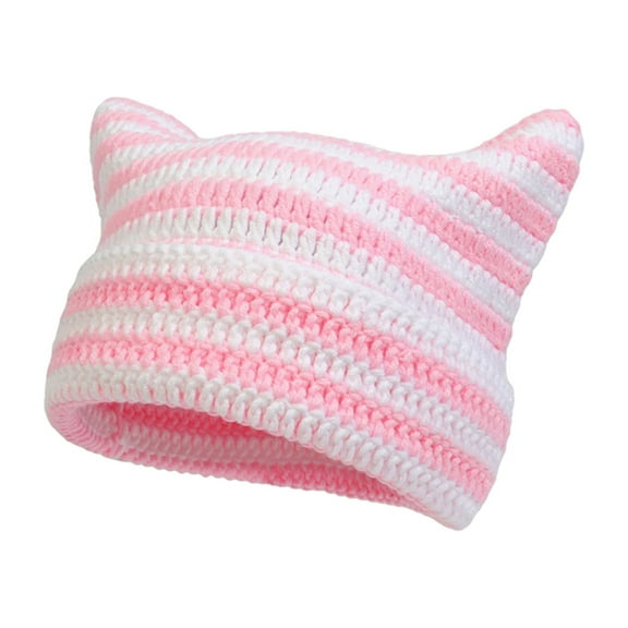 Women Knitted Hat Kitty Ears Striped Contrast Color High Elasticity Anti-slip Soft Thick Warm Windproof Unisex No Brim Winter Beanie Cap