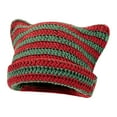 thumbnail image 1 of Women Knitted Hat Kitty Ears Striped Contrast Color High Elasticity Anti-slip Soft Thick Warm Windproof Unisex No Brim Winter Beanie Cap, 1 of 6