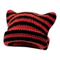 thumbnail image 1 of Women Knitted Hat Kitty Ears Striped Contrast Color High Elasticity Anti-slip Soft Thick Warm Windproof Unisex No Brim Winter Beanie Cap, 1 of 7