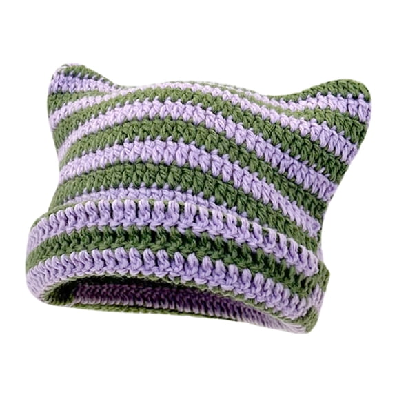 Women Knitted Hat Kitty Ears Striped Contrast Color High Elasticity Anti-slip Soft Thick Warm Windproof Unisex No Brim Winter Beanie Cap