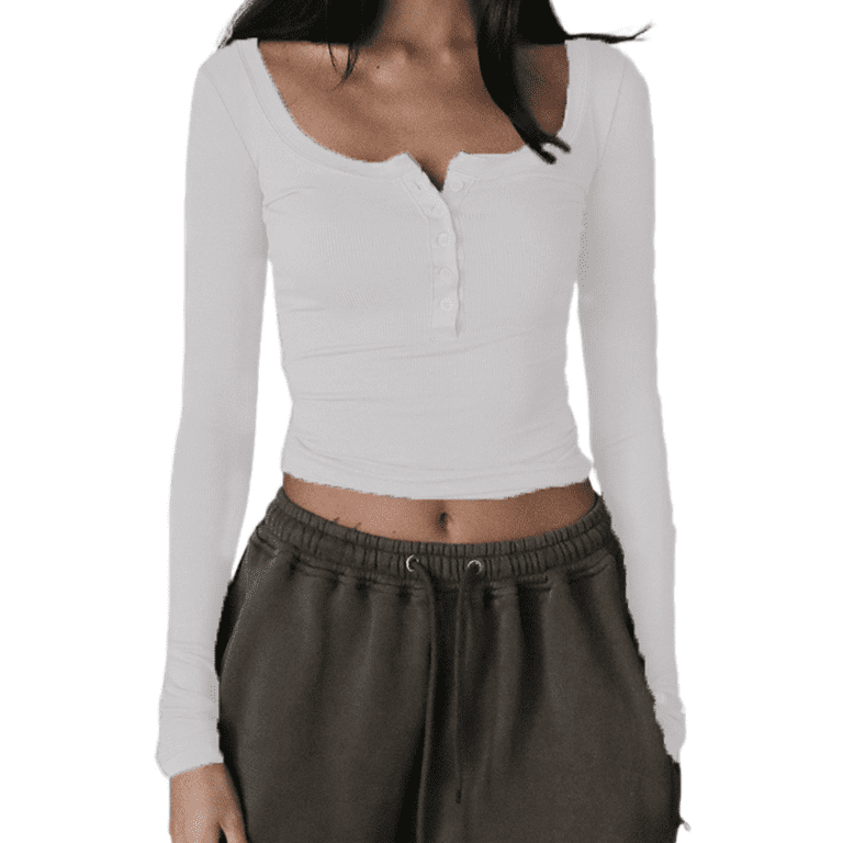 Women Knitted Henley Shirt Retro 1/2 Button Long Sleeve Crop Tops 