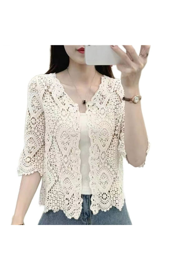 Women Knitted Lace Shrug Boho Hollow Crochet Floral 3/4 Sleeves Open Front Cropped Cardigan Elegant Mesh Sweater Coveup