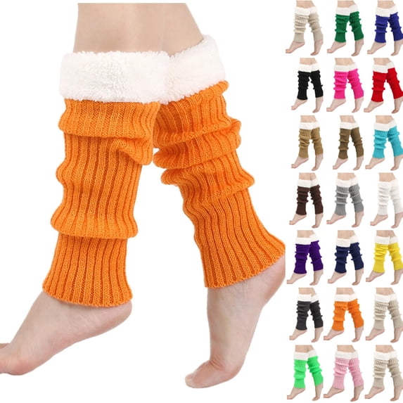 Women Knitted Mid Calf Socks Girls Cozy Fleece Leg Warmers Stacked Foot Slouch Socks Chunky Warm Yoga Boot Stocking Orange