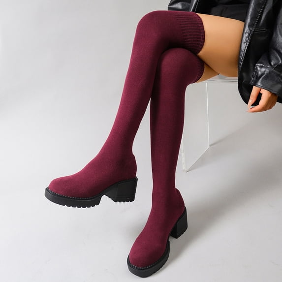 Women Knitted Over the Knee Sock Boots, Stretchy Fabric Round Toe Chunky Block Heel Thigh‑High Booties, Non‑Slip Platform Shoes