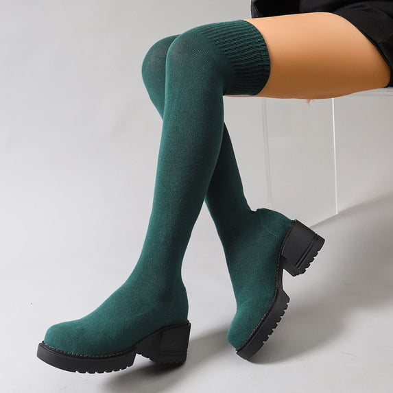 Women Knitted Over the Knee Sock Boots, Stretchy Fabric Round Toe Chunky Block Heel Thigh‑High Booties, Non‑Slip Platform Shoes