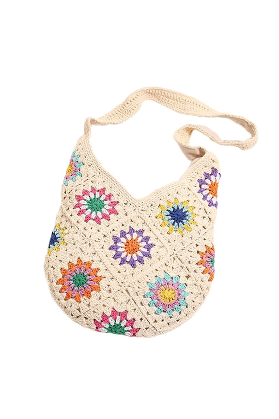 Women Knitted Shoulder Bag Beach Bag Handbag Purse Colorful Flowers Crossbody Bag Female Crochet Vacation Bag