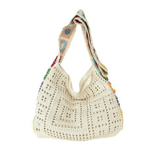 Women Knitted Shoulder Bag Beach Bag Handbag Purse Colorful Flowers Crossbody Bag Hollow Out Crochet Vacation Bag