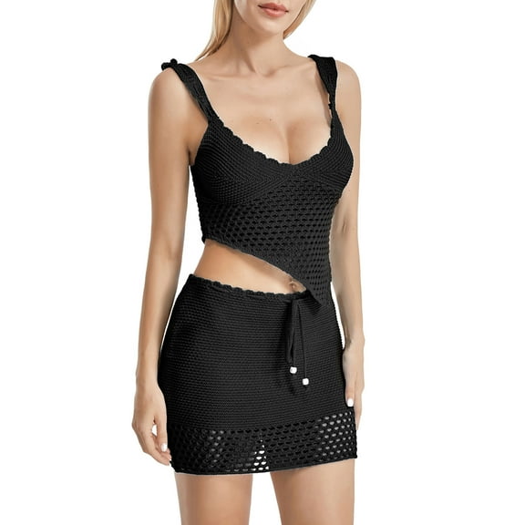 Women Knitted Skirt Set, V-neck Hollowed Irregular Hem Camisole with Elastic Waist Mini Skirt