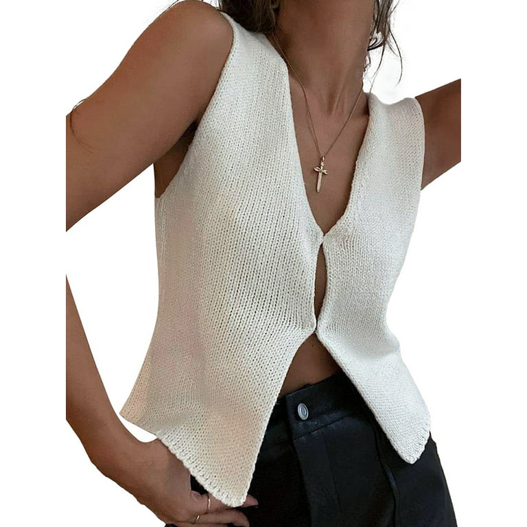 Women Knitted Sleeveless Sweater Vest Vintage Crochet V-Neck Button Down  Crop Tank Top Open Front Cardigans