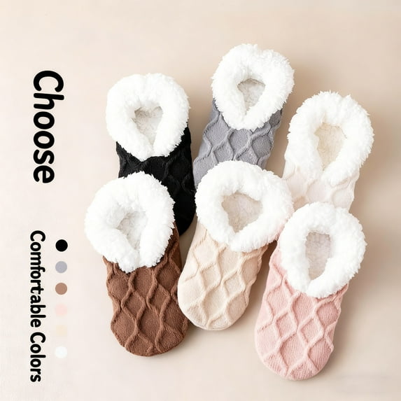 Women Knitted Slipper Socks Cozy Sherpa Fuzzy Socks Non Slip Socks Winter Indoor Double Layer Bedroom Slipper Socks