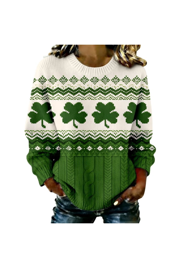 Women Knitted St Patricks Day Sweaters Long Sleeve Crew Neck Graphic Pullover Womens St Patricks Day Sweatshirt