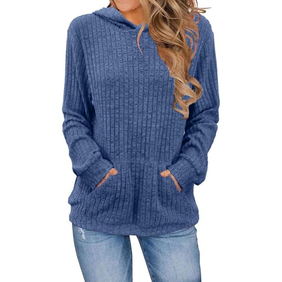 Women Knitted Sweater Hooded Long Sleeve Loose Fit Ribbed Knitting Pullover Tops with Pockets Casual Solid Color Autumn Knitwear