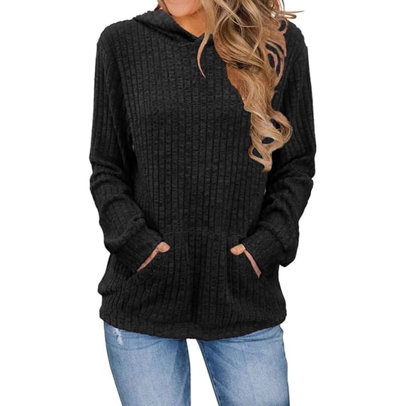 Women Knitted Sweater Hooded Long Sleeve Loose Fit Ribbed Knitting Pullover Tops with Pockets Casual Solid Color Autumn Knitwear