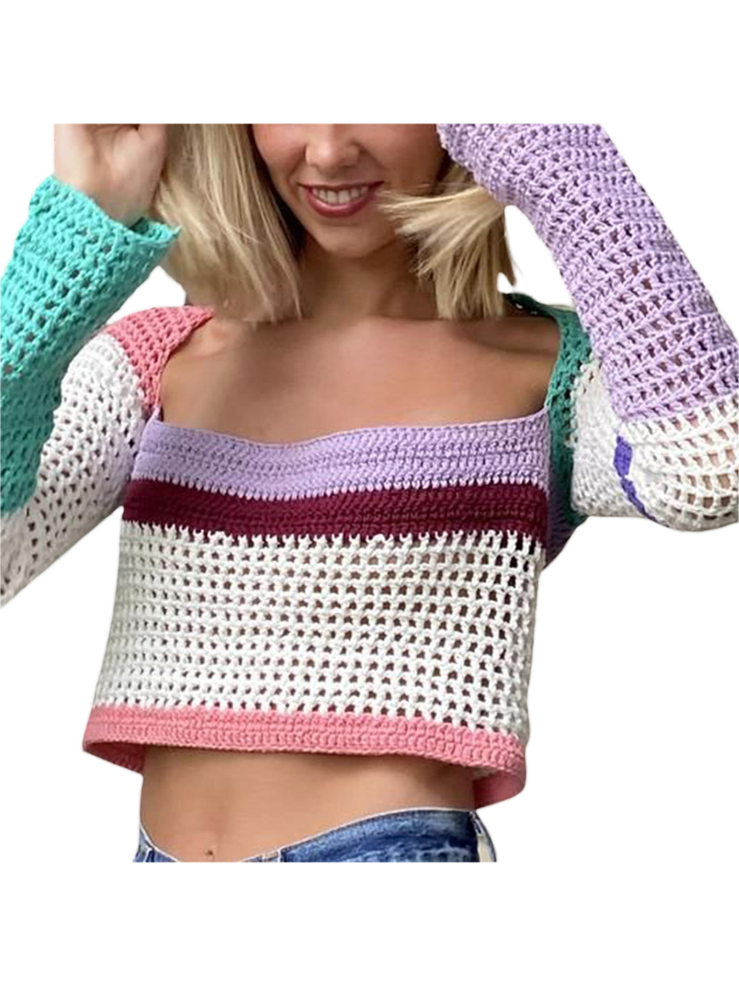 Women Sexy Hollow Out Crochet Knit Crop Tops Long Sleeve V Neck