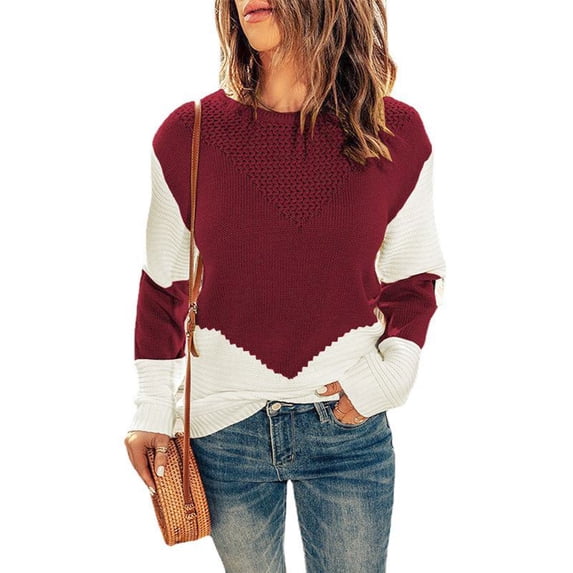 Women Knitted Top Crewneck Dropped Shoulder Sleeves Color Splicing Casual Knit Pullover Sweater for Spring Autumn Winter Wine Red M