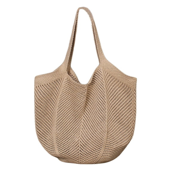 Women Knitted Tote Handbag Large Capacity Solid Color Shoulder Bag Hollow Out Crochet Shopping Handbag Summer Beach Bag (Brown)