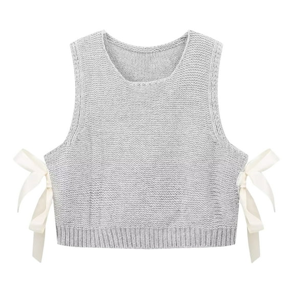 Women Knitted Vest Round Neck Sleeveless Crop Tank Bow Tie Decor Hollow Back Solid Color Short Sweater Vest