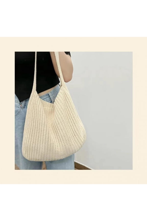 Women Knitting Shoulder Bag Korean Versatile Commuter Shopping Bag Solid Color Large Capacity Crossbody Casual Tote Bag