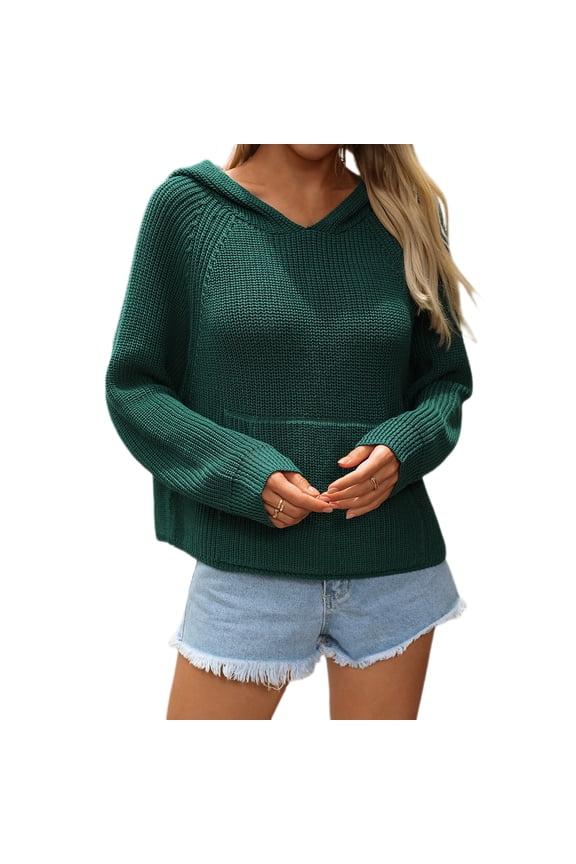 Women Knitting Sweater Hooded Raglan Long Sleeve Star Pattern Pullover Hoodie Front Pocket Loose Fit Sweater Tops